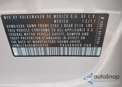 2012 Volkswagen Jetta 2.0L Tdi из США, поврежденный, VIN 3VWLL7AJ9CM359334